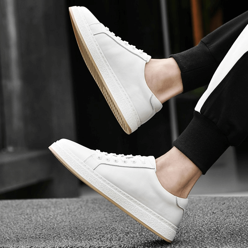 Stylish Breathable Genuine Leather Men's Shoes - SF1170, featuring white leather, lace-up design, and rubber outsole for comfort and style.